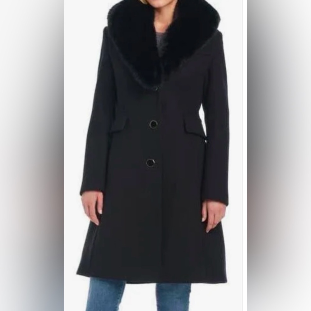 Kate Spade Black wool Fur Collar Coat size large ike new - Picture 3 of 12